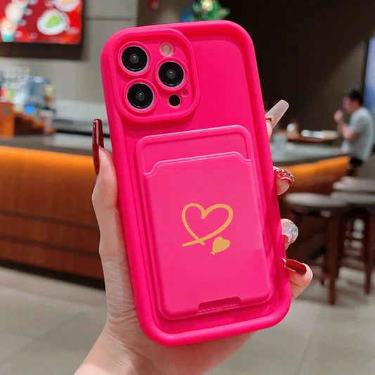Luxuly Love Heart Insert Card Bag Silicone Soft Phone Case For iPhone 16 15 14 13 12 11 Pro Max XR XS X 7 8 Plus SE 2020 Cover
