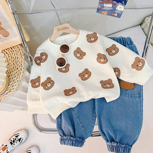 Baby Girl Clothing Set Boy Tracksuit Spring Autumn Child T-shirt Jeans 2pcs Suit Cartoon Bear Infant Sportswear