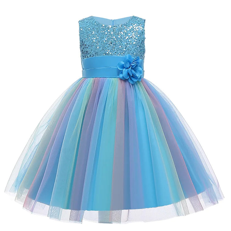 2025 Sequins Girls Dress Summer Flower Fashion Rainbow Mesh Little Princess Dresses For Piano Performance Costume Kids Clothes