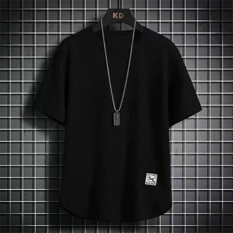 Men's Summer Trendy Simple Casual Short Sleeve T-shirts Y2K Harajuku Streetwear Appliques Tees Black White Round Neck Loose Tops