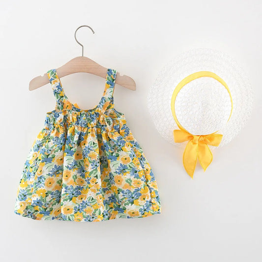 2Pcs/Set Flowers Baby Girl Dresses Summer Fashion Toddler Children Clothes Beach Smooth Dress Kid's Costume + Hat 0 To 3 Y