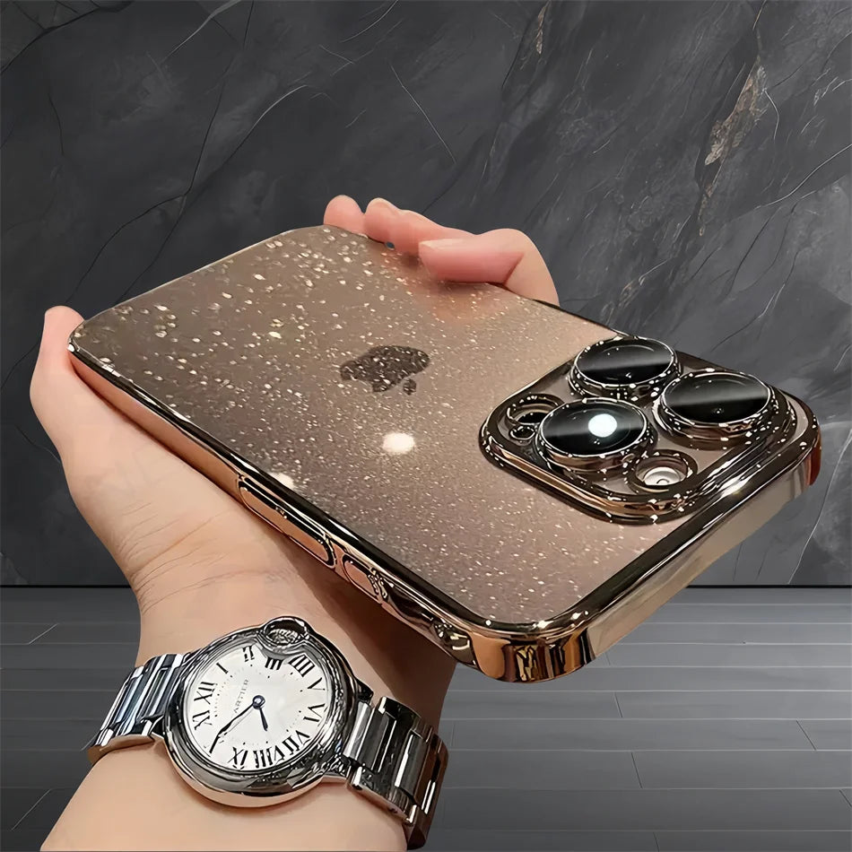Luxury Bling Glitter Clear Slim Case For iPhone 16 15 14 13 12 Pro Max Shockproof Plating Bumper Desert Gold Transparent Cover
