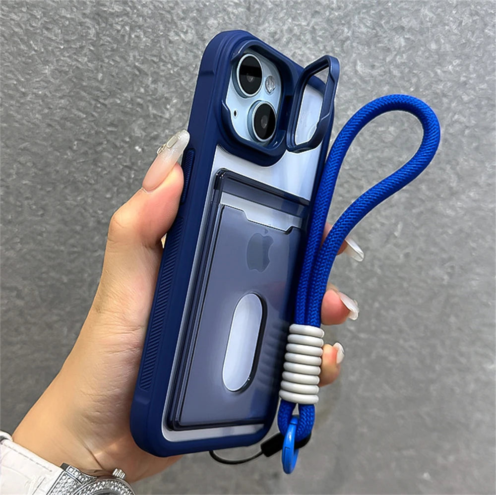 Acrylic Card Holder Fold Camera Bracket Clear Case for iPhone 16 15 14 13 12 11 Pro Max Plus Wrist Hand Strap Shockproof Cover