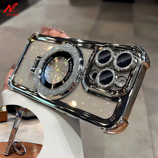 Double Bling Glitter Magsafe Bracket Case for iPhone 16 Pro Max Plus Transparent Plating Cover for iPhone 13 12 11 14 15 Pro Max