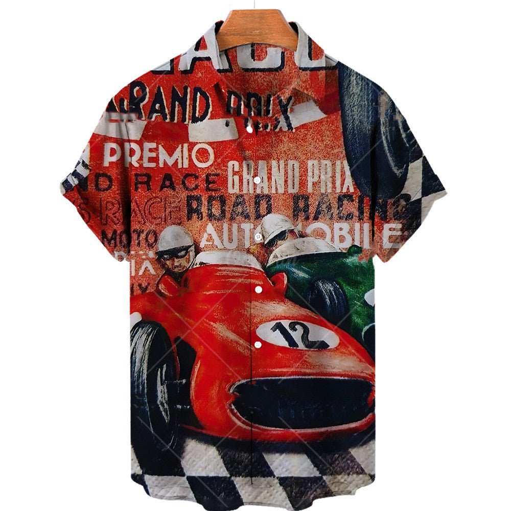 Camisa hawaiana de manga corta de verano con estampado de carreras vintage para hombre