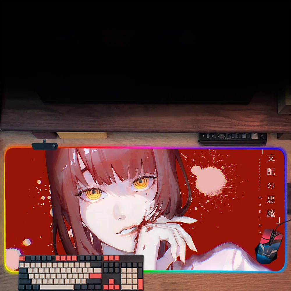 TOPTOY Makima Chainsaw Man RGB gaming mouse pad large desk mat with Makima portrait red background RGB
