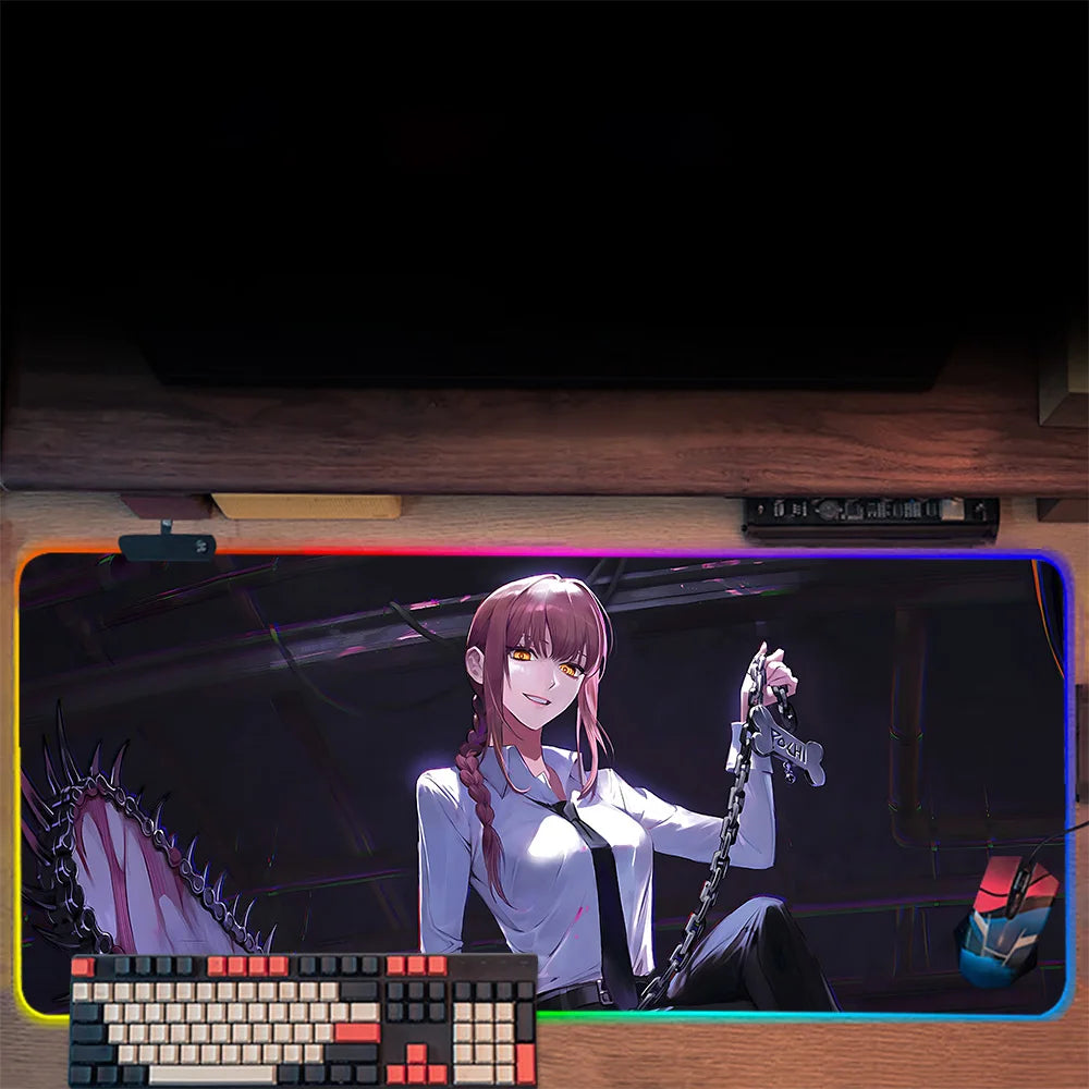 TOPTOY Makima Chainsaw Man RGB gaming mouse pad showing Makima portrait RGB border keyboard and gaming mouse