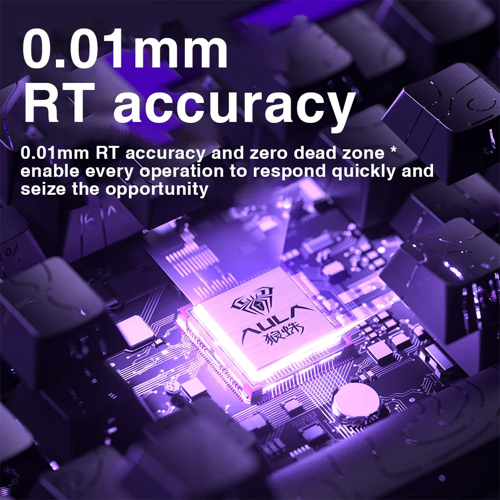Illuminated AULA chip on keyboard circuit board with lighting showing 0.01mm RT accuracy AULA HERO 68HE magnetic switch keyboard