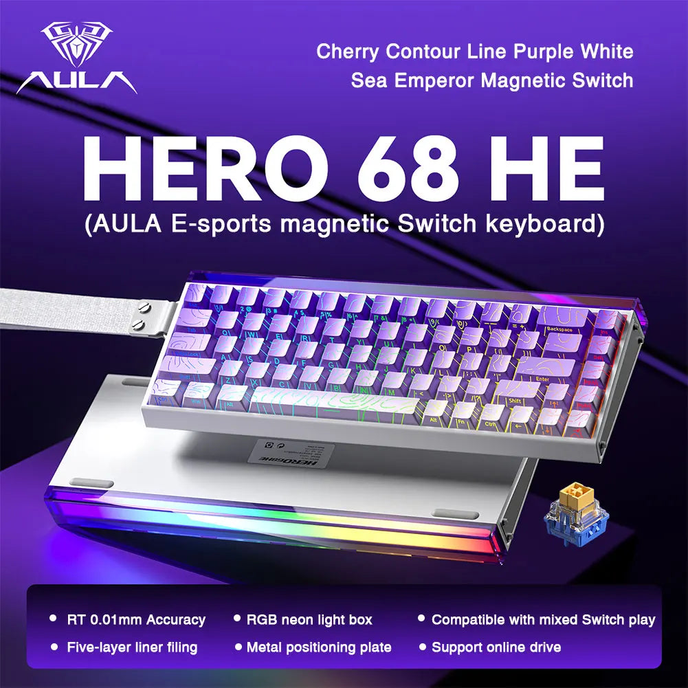 AULA HERO 68HE magnetic switch keyboard compact 68 key RGB aluminum case purple white gradient