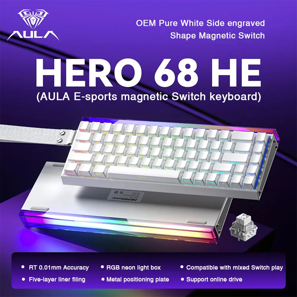 White compact AULA HERO 68HE magnetic switch keyboard with RGB underglow silver aluminum case