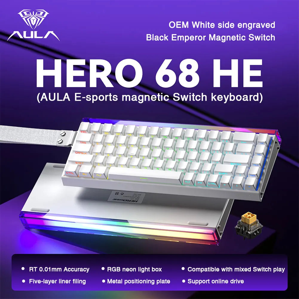 AULA HERO 68HE magnetic switch keyboard compact white 68 key RGB aluminum case with wrist rest