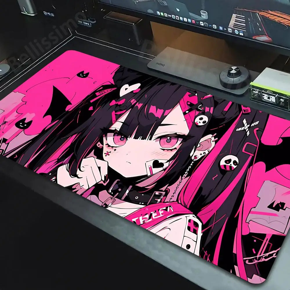 Bellissimo kawaii anime girl mouse pad featuring pink and black punk anime girl design with skull accents and large desk mat