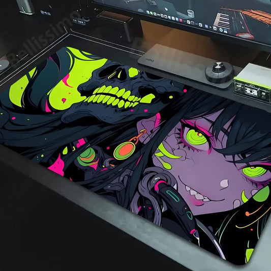 Bellissimo kawaii anime girl mouse pad with neon green eyes skull motif and full desk gaming surface