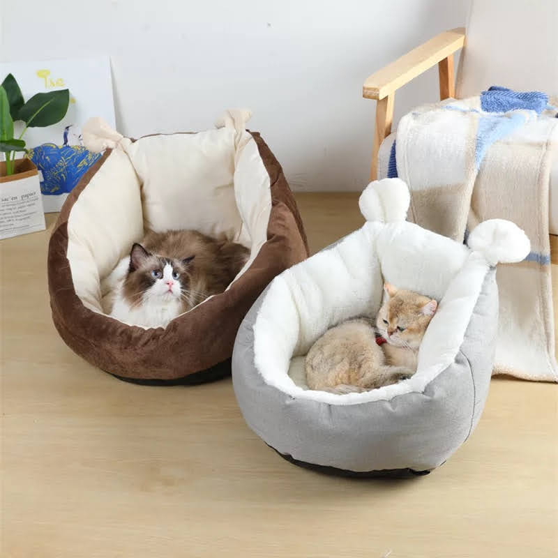 Teal Zeus plush cat bed sleeping bag in gray and brown with two cozy cats inside soft faux fur