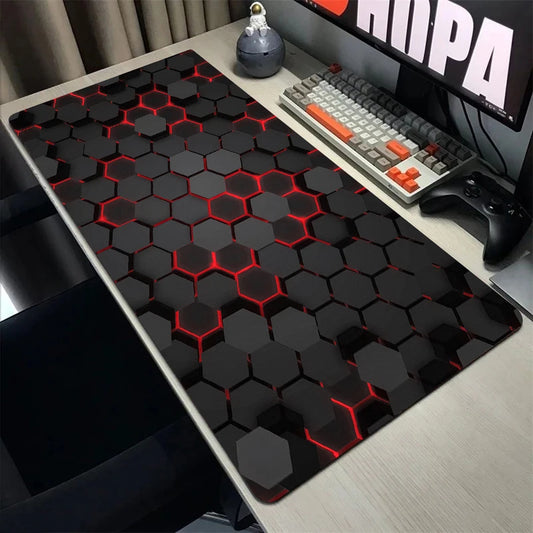 MRGLZY large gaming mouse pad with black hexagon pattern and red LED style accents on desk