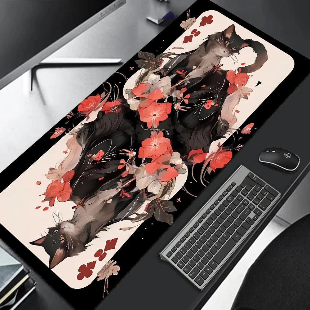 MRGLZY large gaming mouse pad featuring mirrored black cats playing card design with red flowers