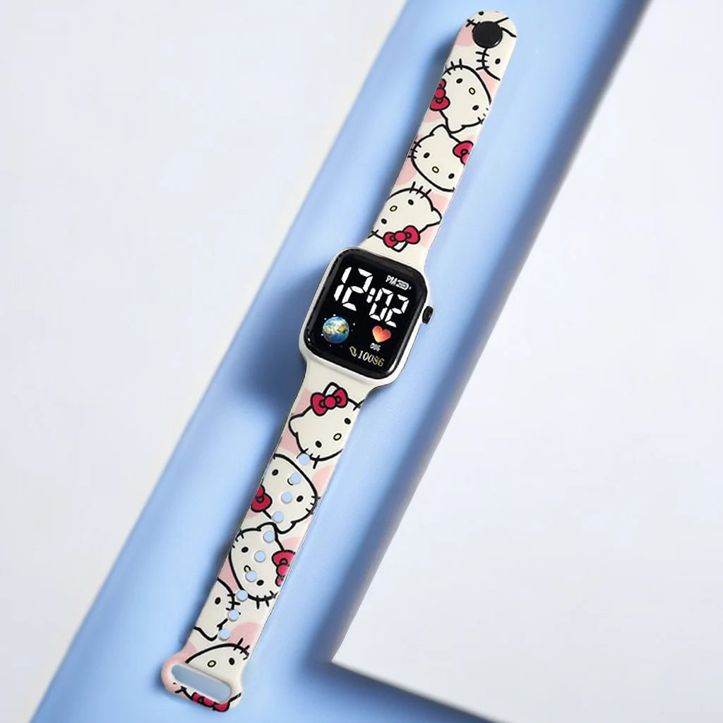 MINISO Hello Kitty digital watch for girls with pink patterned silicone strap and square black digital face