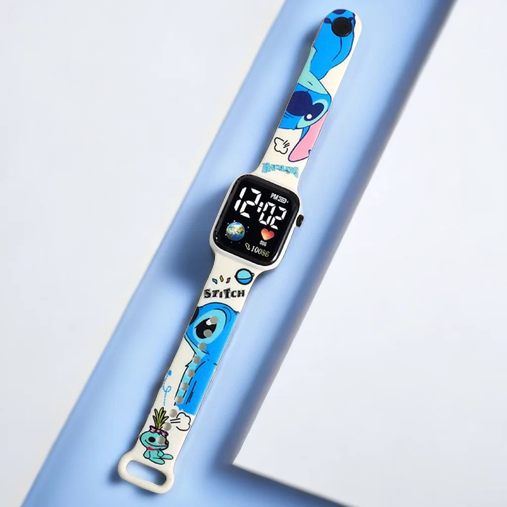 MINISO replacement strap for Hello Kitty digital watch for girls featuring blue Stitch cartoon print and digital face