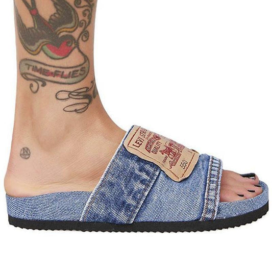 Coffee Jasper denim flat sandals for women featuring soft denim straps and a comfortable sole