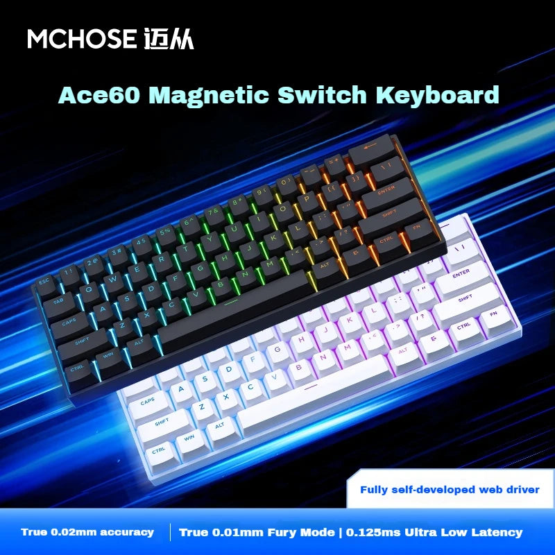 APAYADO Ace60 compact 60 percent magnetic switch gaming keyboard in black and white with RGB backlight