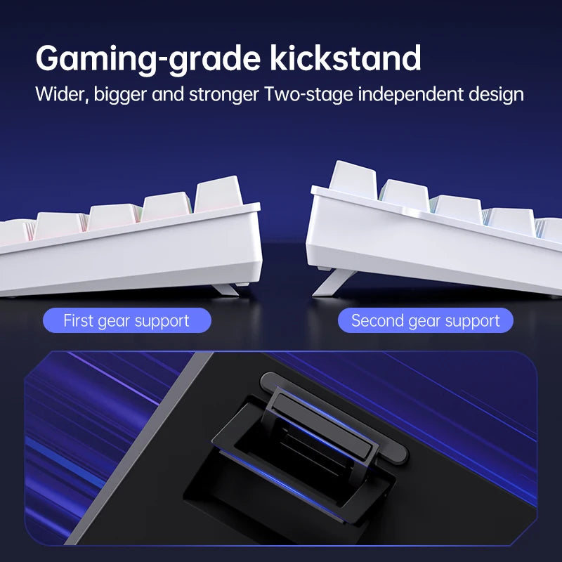 APAYADO magnetic switch gaming keyboard with two stage adjustable kickstand showing first and second gear support