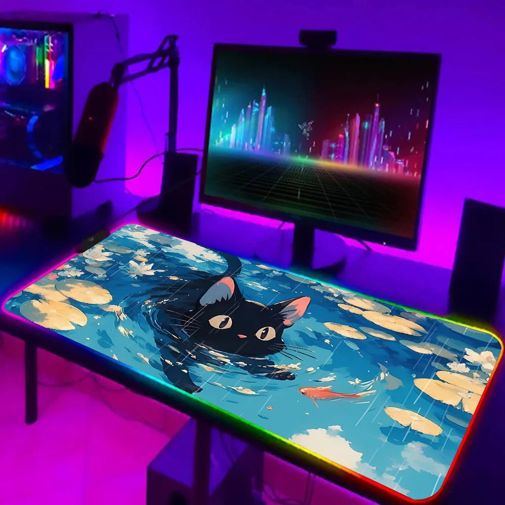 TOPTOY RGB black cat gaming mouse pad large desk mat with anime cat pond artwork and RGB edge lighting