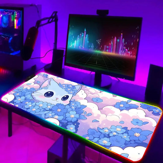 TOPTOY RGB black cat gaming mouse pad large desk mat featuring a pastel cat with blue flowers and RGB edge lighting