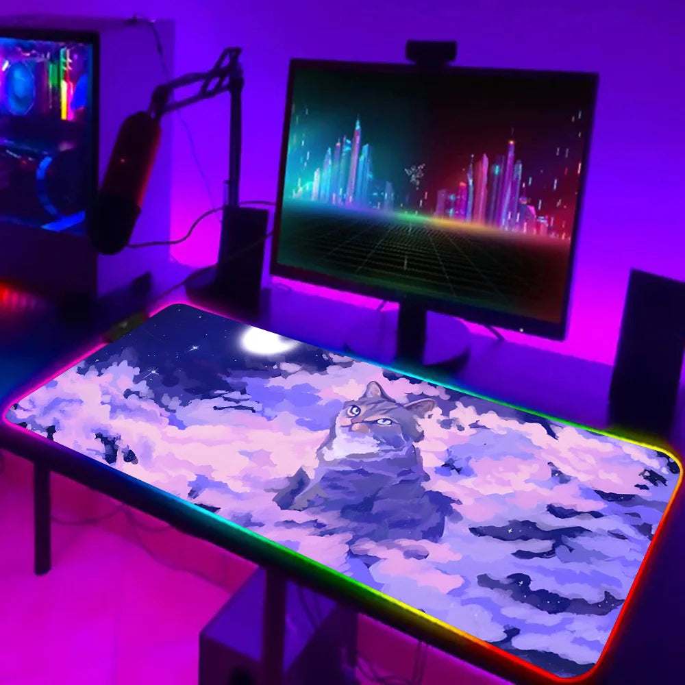 TOPTOY RGB black cat gaming mouse pad large desk mat moonlit cat art with RGB edge lighting