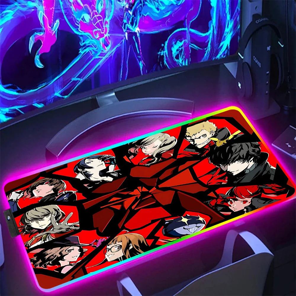 NS Superstore RGB gaming mouse pad oversized desk mat featuring anime style red and black character collage with edge lighting