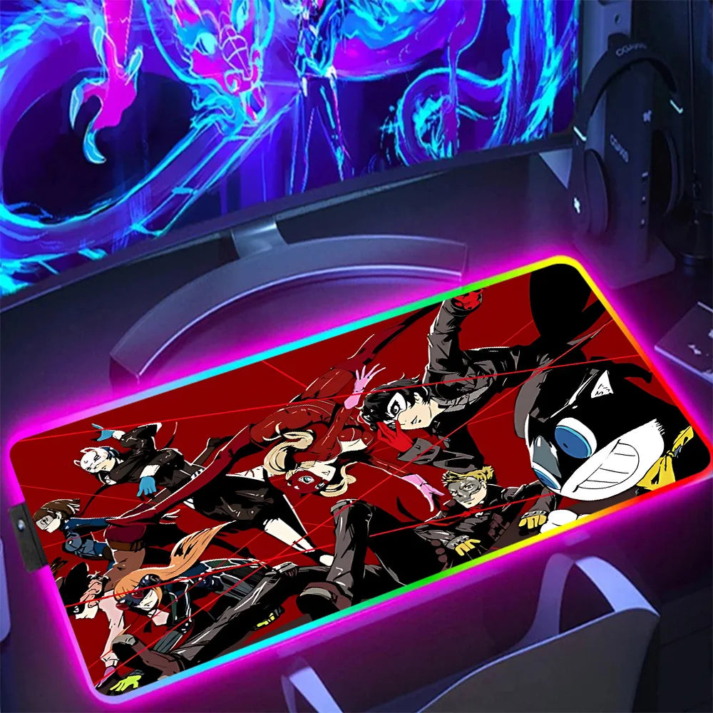 NS Superstore RGB gaming mouse pad with red anime character collage desk mat and multicolor glowing edge
