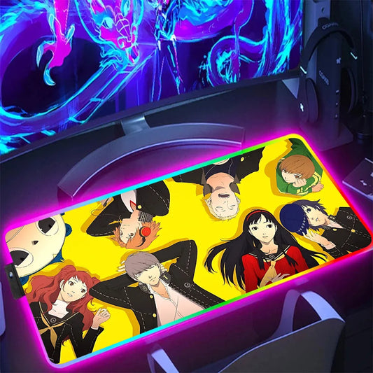 RGB gaming mouse pad with yellow anime character collage design extended desk mat with pink LED glow