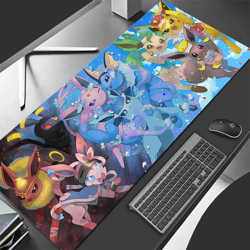 MINISO Eevee gaming mouse pad desk mat featuring colorful Eevee evolutions artwork with keyboard and mouse