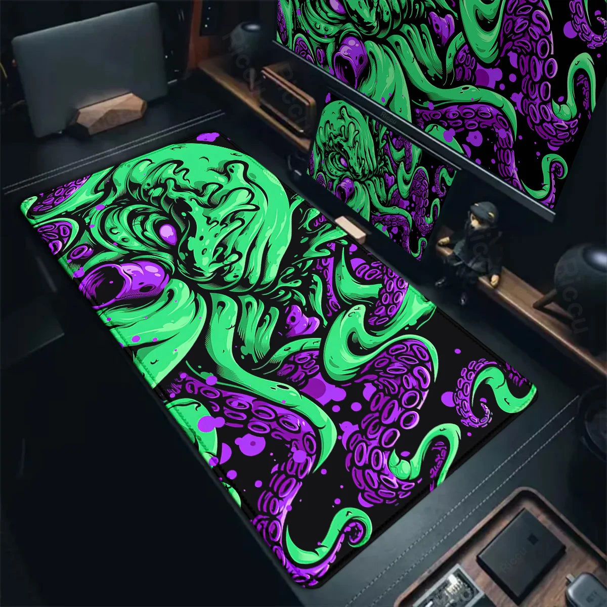Riccu large octopus gaming mouse pad featuring neon green and purple octopus artwork on extended desk mat