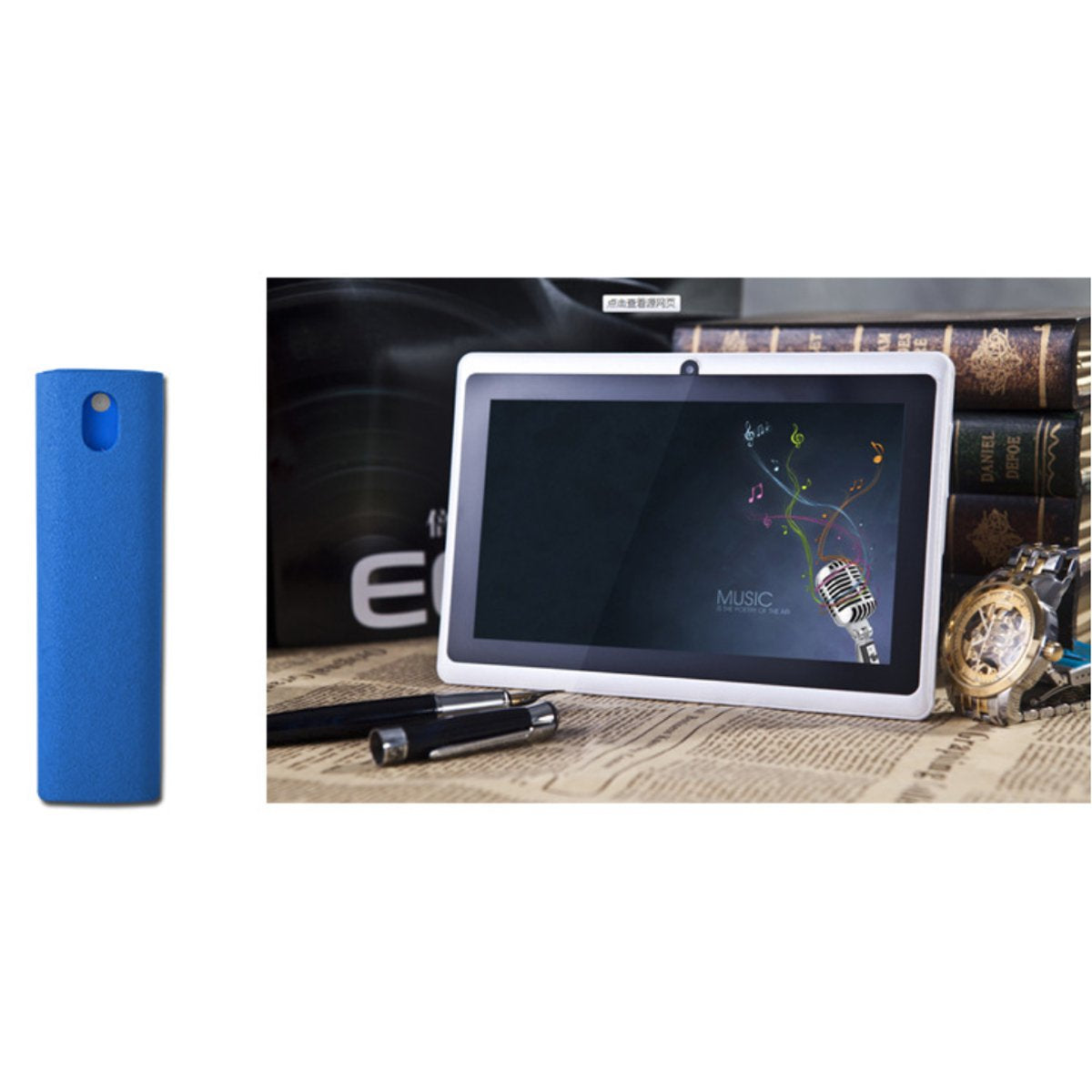 Salmon Lucky phone screen cleaner spray blue travel bottle beside tablet on wooden desk with pen watch and books
