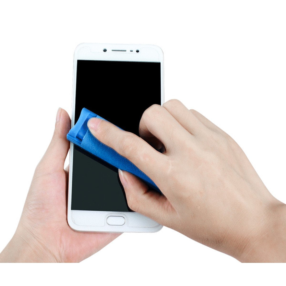 Salmon Lucky phone screen cleaner spray being used with blue microfiber cloth on white smartphone screen
