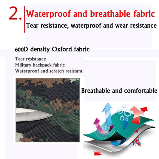 Waterproof military backpack 70L showcasing durable 600D Oxford fabric with tear and wear resistance features