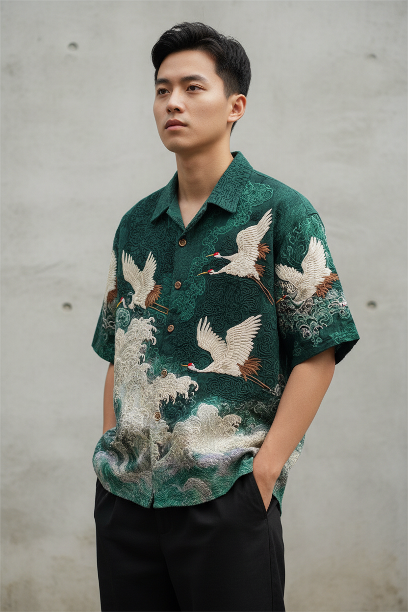 Wear Your Vibe: The Embossed Flying Crane Shirt That's Turning Heads This Summer