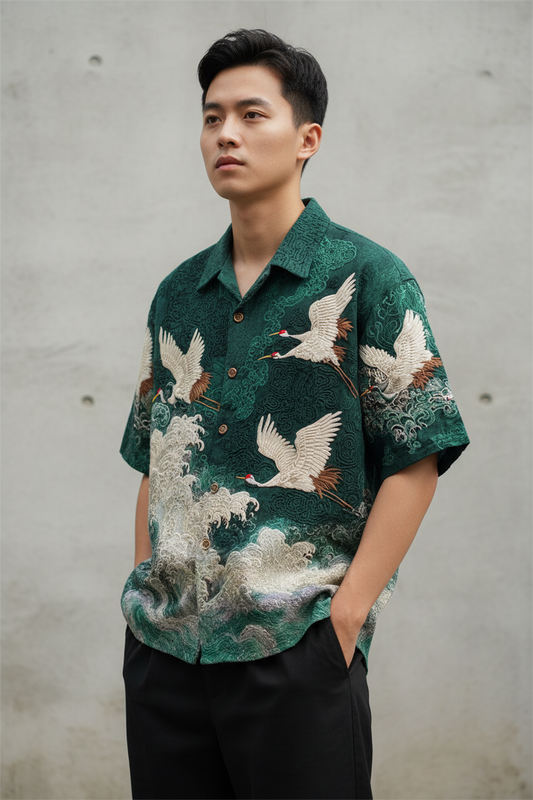 Wear Your Vibe: The Embossed Flying Crane Shirt That's Turning Heads This Summer