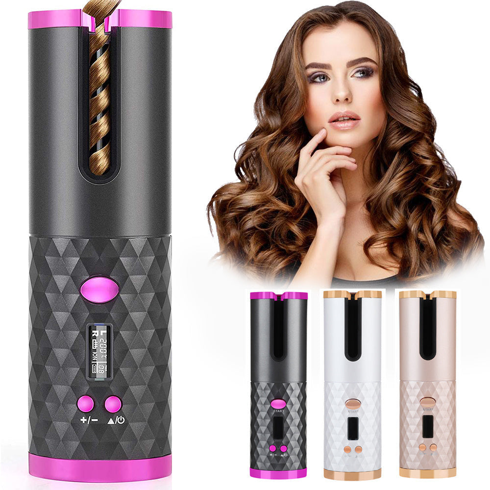 Collection of automatic hair curlers and styling tools with model showing curls cosmetic and beauty accessories online
