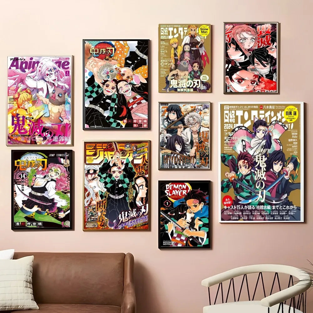 Gallery wall of framed Demon Slayer and manga cover posters above a sofa showcasing anime wall art prints in various sizes