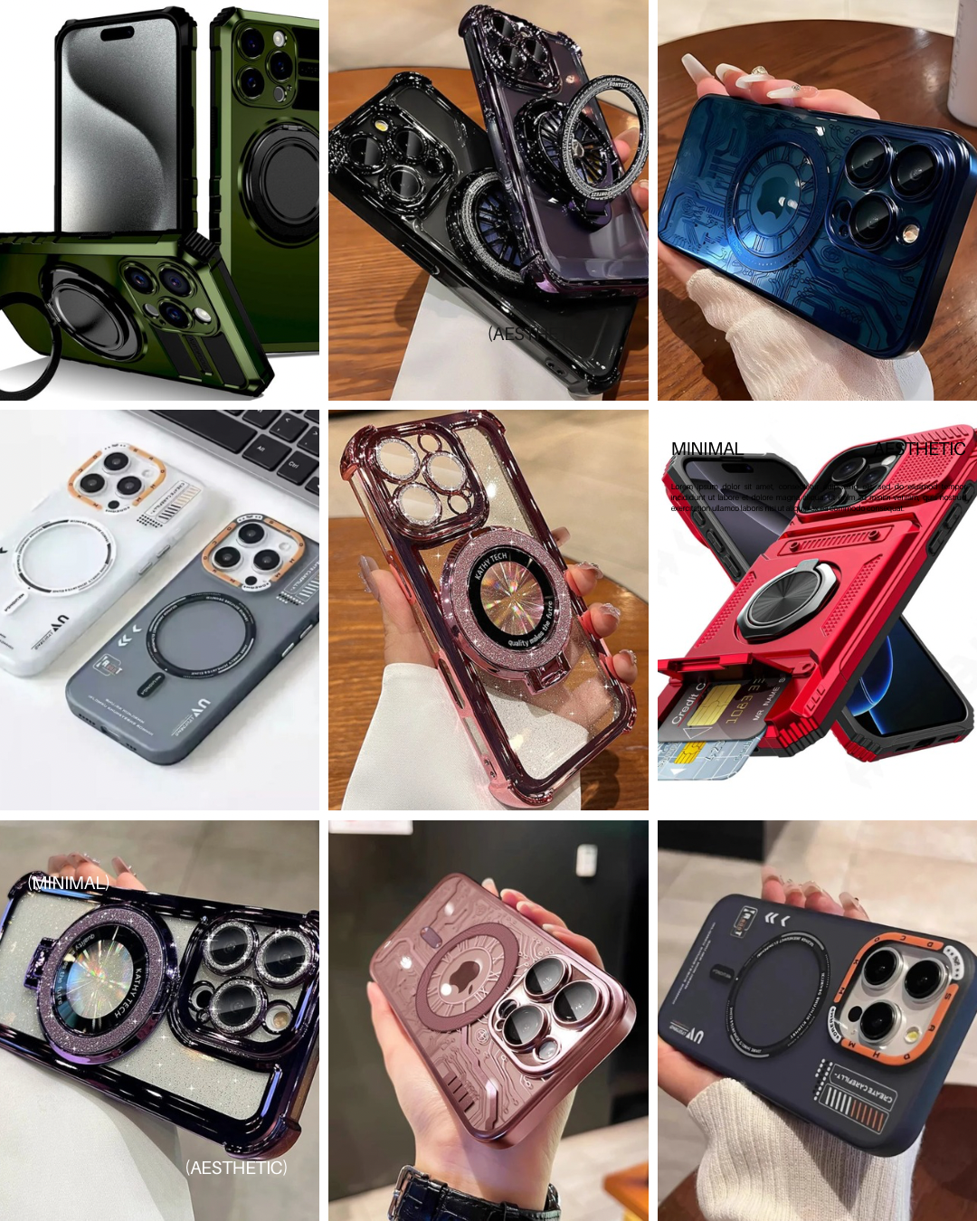Stylish collection of mobile phone cases and accessories including clear rugged ring holder and card slot designs