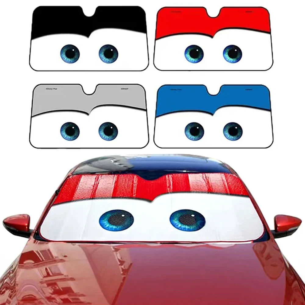 Cartoon eye windshield sunshade on red car with color options collection for auto accessories online shoppers