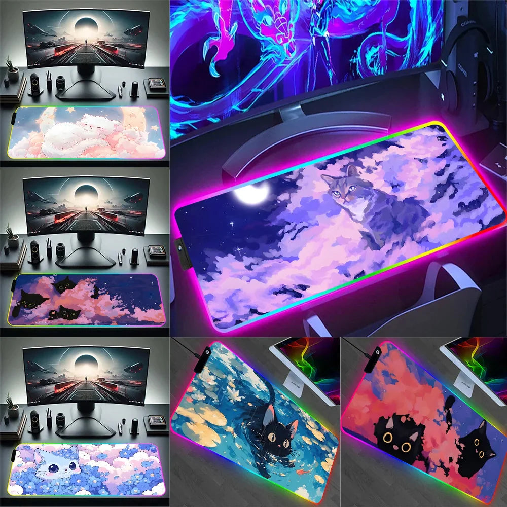 best selling products online collection showing RGB cat design desk mats and gaming mouse pads on desks