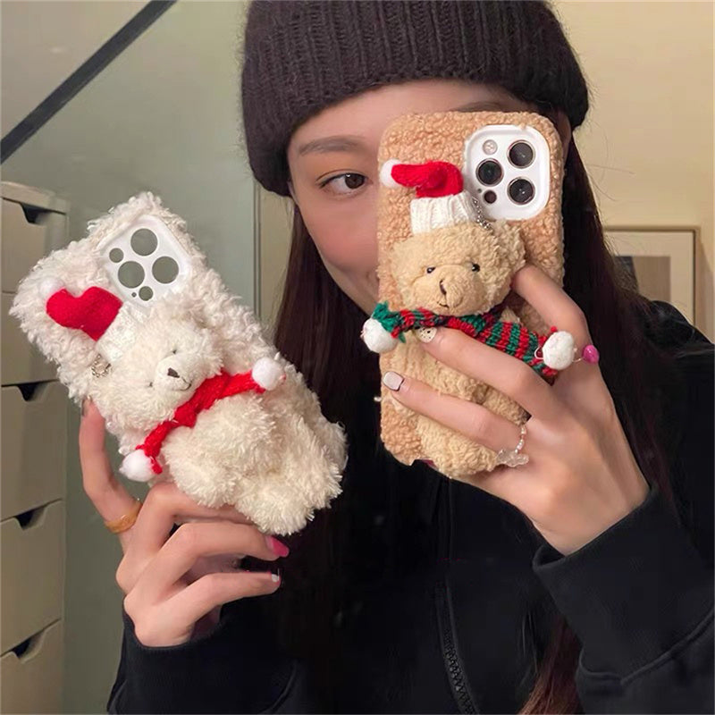 Funda para teléfono móvil de felpa con osito navideño para Iphone 15