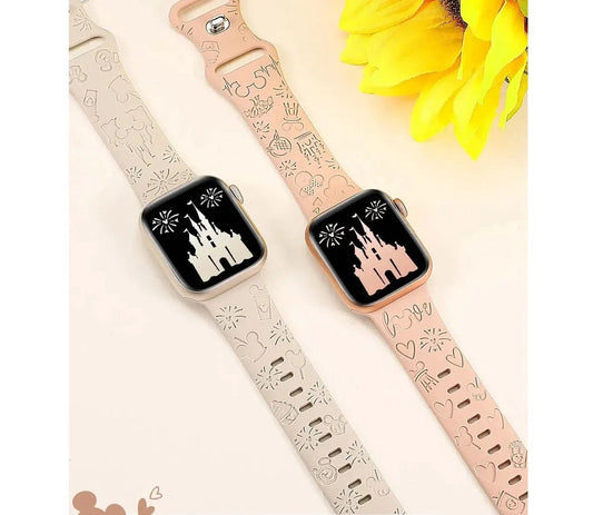 Silicone Bracelet For Mickey Engraved Floral Band For Apple Watch 41mm 40mm 38mm Cute iWatch Series 9/8/7/6/5/4/3/2/SE