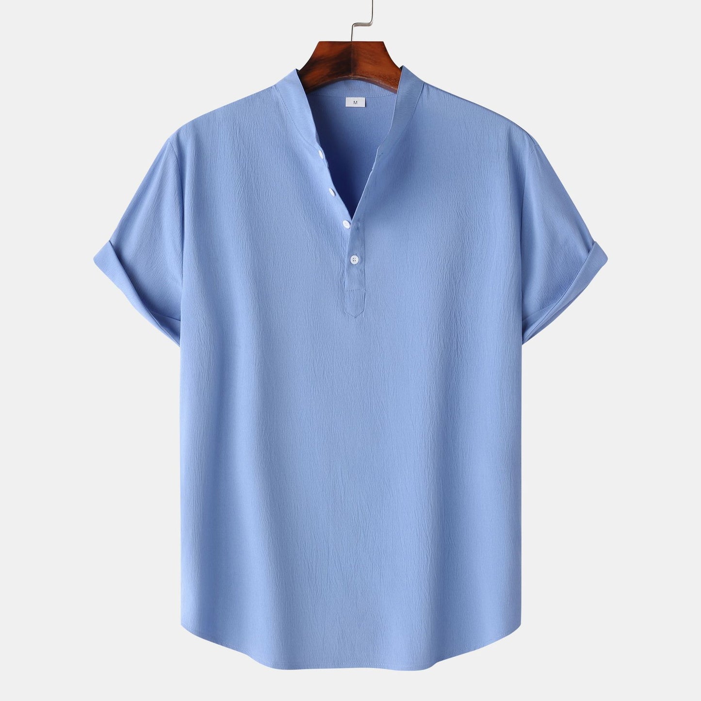 Men's Linen Short Sleeve Pullover Shirt Solid Color Stand Collar