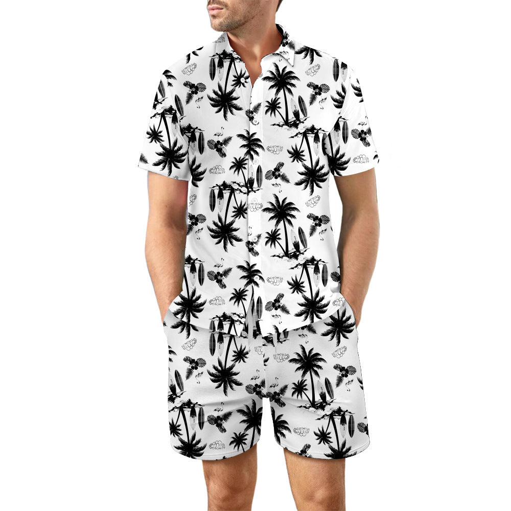 Camisa de playa estampada para hombre, traje de verano con solapa holgada, Top con botones y bolsillos con cordón, pantalones cortos, pantalón corto informal, trajes de manga, 2 uds.