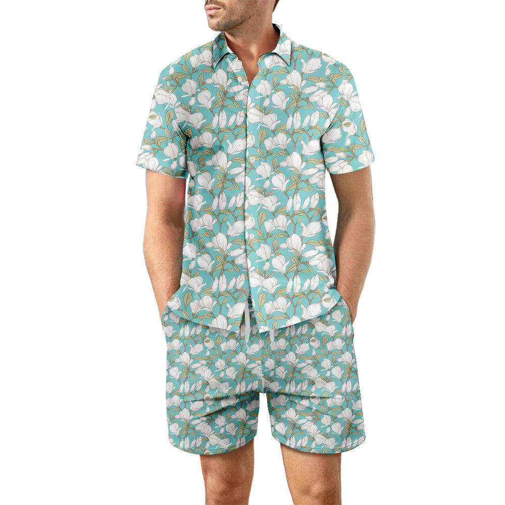 Camisa de playa estampada para hombre, traje de verano con solapa holgada, Top con botones y bolsillos con cordón, pantalones cortos, pantalón corto informal, trajes de manga, 2 uds.