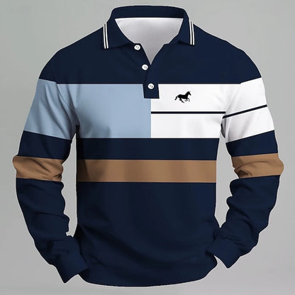 Men's Striped Printed Unicorn Logo Polo Shirt - Long Sleeve Casual T-shirt Comfortable Regular Fit for Daily Wear or Golf