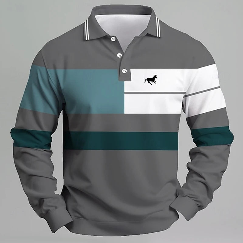 Men's Striped Printed Unicorn Logo Polo Shirt - Long Sleeve Casual T-shirt Comfortable Regular Fit for Daily Wear or Golf